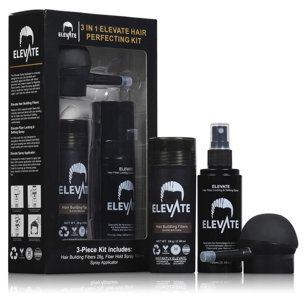 ELEVATE Hair Perfecting 3-in-1 Kit Set Includes Natural Hair Thickening Fibers & Spray Applicator Pump Nozzle & Locking Setting Hold Hair Spray | Instantly Conceal Balding Hair Areas (Dark Brown)