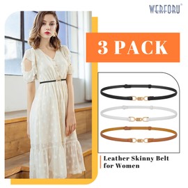 WERFORU 3 Pack Women Skinny Leather Belt Adjustable Thin Waist Belts with Alloy Buckle for Blouse Dresses Black/Brown/White