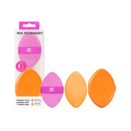 Real Techniques Miracle 2-In-1 Powder Puff + Travel Case, Dual-Sided Makeup Blending Puff, Elastic Band, Precision Makeup Sponge and Powder Puff, For Liquid, Cream and Powders, Travel Case, 2 Count