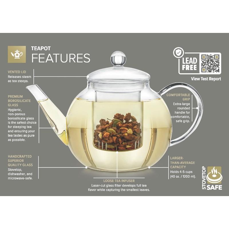 Teabloom Stovetop & Microwave Safe Glass Teapot with Removable Loose