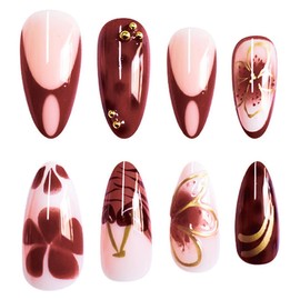 Cherry Press on Nails Medium Almond Fake Nails Red False Nails with Flower Bow Design Red French Tips Glossy Acrylic Full Cover Reusable Stick on Nails for Women Manicure 24Pcs