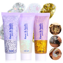 Prreal Body Glitter Gel 3 Bottles, Face Glitters Body Gel Sequins Shimmer Liquid Eyeshadow, Chunky Glitter for Face Hair Nails, Holographic Cosmetic Laser Powder Festival Glitter Makeup #White + Gold