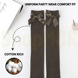 ShopMCR 6 Pack Girls Knee High Socks – Cotton Ribbon Bow Long School Socks, Perfect for Back to School, Uniform, Parties & Daily Wear (6P, GY, 12-3)