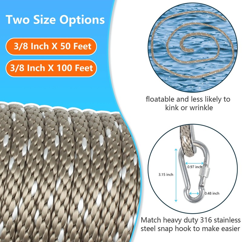 3/8 Inch 50 FT Anchor Rope, Boat Anchor Rope Solid