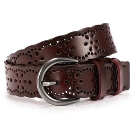 WHIPPY Womens Belts for Jeans Women Hollow Flower Leather Belt for Pants Wide Belt with Solid Pin Buckle 1.5'' Width Coffee XXL