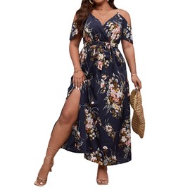 Floerns Women's Plus Size Cold Shoulder Short Sleeve Split Thigh Long Dress Black Floral