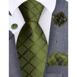 Gusleson Mens Olive Green Tie for Wedding Silk Plaid Checkered Necktie Pocket Square Cufflinks and Lapel Pin Brooch Set (UK6104-21)