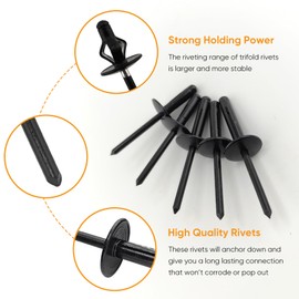 ALLCLEAN 3/16" x 3/4"Tri-Fold Large Head Rivets Assortment - 100Pcs,Black Tri-fold Exploding Pop Rivets Solid Aluminum Tri Grip Rivets Bulb Style Rivets for Kayak Marine Boat