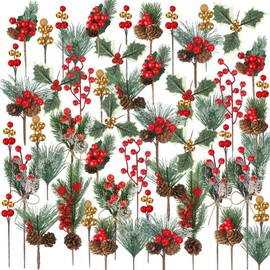 42 Pcs Christmas Floral Picks Artificial Christmas Berry Stems Assorted Pine Cone Picks Christmas Tree Picks Leaves Branch Berry Twigs for Christmas Tree DIY Crafts Wreath Garland Decoration