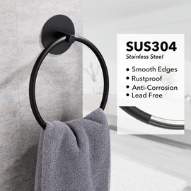 Matte Black Bathroom Towel Ring - SUS304 Stainless Steel Bathroom Towel Rack, Susswiff Adhesive Wall Mounted Hand Towels Holder, Towel Hanger for Bathroom Organizer, Kitchen Storage