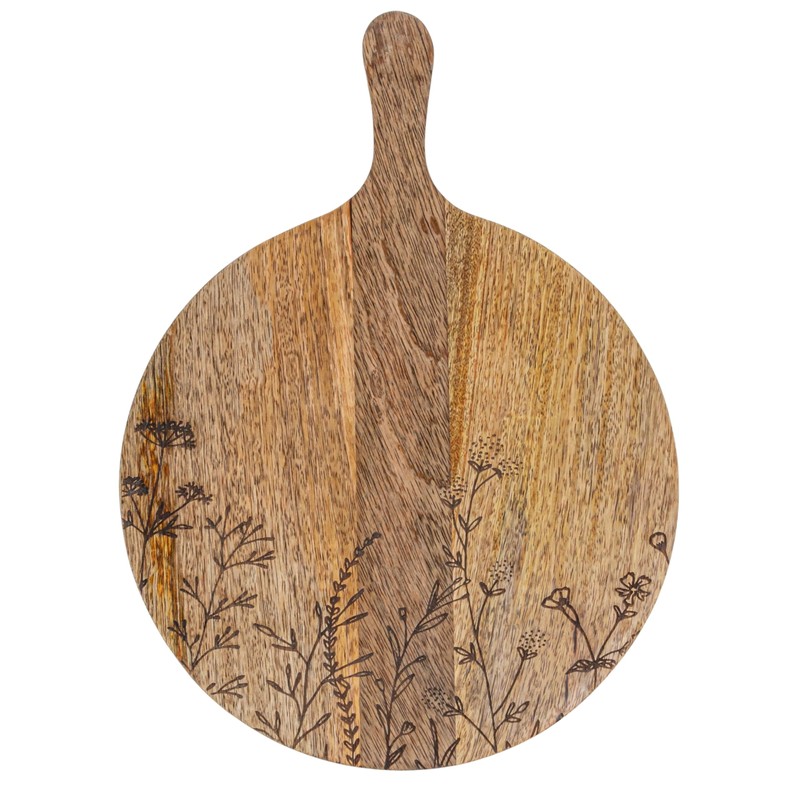 Creative Co-Op Mango Wood Cheese Board with Laser Etched Flowers,