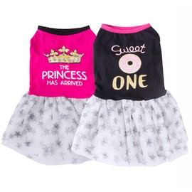 2 Pcs Girl Dog Dress Shirt Dog Princess Dress with Ruffles Chihuahua Dress Holiday Theme Pet Clothes with Tulle XS Yorkie Clothes Apparel Outfits for Small Girl Dogs Sundress Puppy Cats Dress