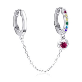 1 x Double Hoop Earrings Silver 925 Women's Qings Double Piercing Link Chain Earrings Mini Hoops Chain Earrings with Colourful Zircon, Fashion Punk Rock Jewellery Gift for Girls Women, Sterling