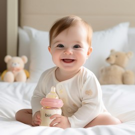 YOHKOH Natural Glass Baby Bottle with Natural Response Nipple, Newborn Anti-Colic Baby Bottles, Wide Neck Mushroom Cap Baby Bottle, Clear (3.4oz (Pack of 4), Red)