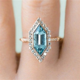 18K Yellow Gold Plated Shiny Full Diamond Blue Aquamarine Rings Cubic Zirconia Wedding Cz Band Eternity Ring Promise Ring Women Exaggerated Luxury Ladies Topaz Sapphire Solitaire Ring for Women (8)