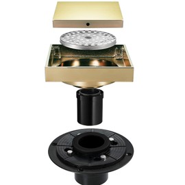 Shower Floor Preventer Sewer Swirl Drain Covers 4 Inch Square Drain,with 2-in-1 Flat & Tile Insert Cover,Brass Floor Drain with PVC Straight Pipe and Flange Brushed