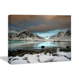 Looife Landscape Theme Canvas Wall Art, 48X36 Inch Snow Mountain and Lake Picture Prints Wall Decor, Nordic Scenery Painting Wall Deco Ready to Hang