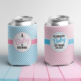 VictoryStore Gender Reveal Can Coolers – Custom “A Baby is Brewing” Pink & Blue Design, Set of 96 – Personalized Baby Shower Drink Sleeves – Fits 12oz Cans & 12–16oz Bottles – Foldable & Reusable