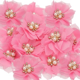 PATIKIL 2.36 Inch Rhinestone Pearl Chiffon Flower, 15 Pcs Sewing Fabric Appliques for DIY Craft Clothing Headbands Wedding Party Decoration, Rose Pink