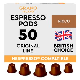 Grano Milano Ricco Coffee Capsules - 50 Aluminium Coffee Pods Compatible with Nespresso Original line, Dark Roast - Intensity 11/12, Made in Italy, (Packaging May Vary)