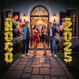 LawnIdyll 2025 Homecoming Yard Sign, 10 PCS Glitter Gold Homecoming Yard Decorations with Crown Signs, Light Strings, Night Decor Party Letters Decor Homecoming Outdoor School Lawn Party Supplies