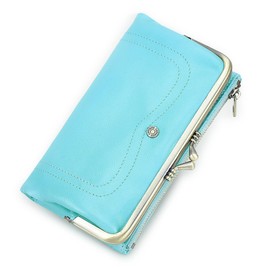 CONTACTS Full Grain Goat Leather Kiss Lock Wallet for Women Vintage Clutch Wallet with Rfid Blocking Zipper Coin Purse (Blue)