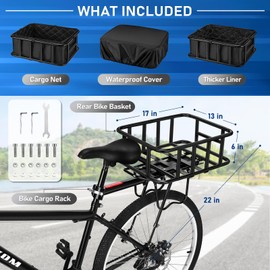 Upgraded Rear Bike Rack with Basket, Removable Adjustable Bike Basket Rear with Liner,Waterproof Cover,Cargo Net, Heavy Duty Bicycle Rear Basket for Most Bikes and E-Bike