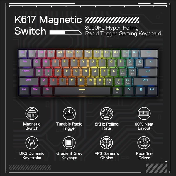 Redragon K617 Rapid Trigger Gaming Keyboard, 60% 61 Keys Wired