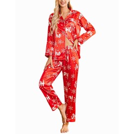 Ekouaer Women's Classic Button Down Long Satin Silk Pajama Set,Small,Red Snow Chirstmas Pattern