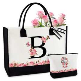 BDANTUMBLER Christian Gifts for Women, Initial B Christian Tote Bag with Makeup Bag, Inspirational, Faith, Religious, Spiritual, Birthday Gifts for Women