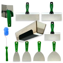 MEDUSA S.S. Drywall Taping Tool Set with Adjustable and reversible S.S. Angle Tool, Removable and Replaceable Corner Mud Roller and Professional Grade S.S. Mud Pan with Grip