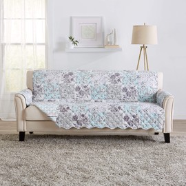Great Bay Home Reversible Floral Patchwork Furniture Protector - Machine Washable, Scalloped Edge, Stain Resistant, Printed Furniture Cover for Dogs, Kids, and Pets (Sofa, Gray/Aqua)