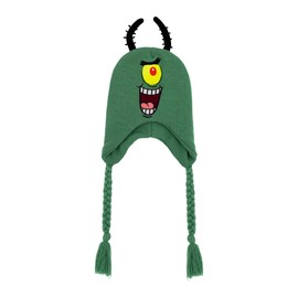 Spongebob Squarepants Beanie Hat, Plankton Peruvian Winter Knit Cap with 3D Antenna and Braided Tassels, Teal, One Size, Teal, One Size