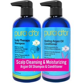 PURA D'OR Scalp Therapy Shampoo & Conditioner Set (16oz x 2) Dry, Itchy Scalp-Hydrates & Nourishes Hair w/Tea Tree, Peppermint, Argan Oil & Biotin, All Hair Type, Men Women (Packaging Varies)