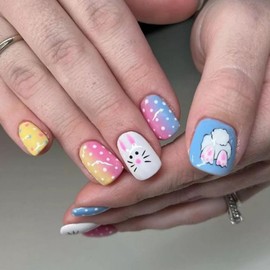 Easter Press on Nails Wave Point Gradient Fake Nails Easter Bunny Tail Design Cute Spring Easter Rabbit Acrylic Nails Full Cover Easter Short Square False Nails for Women Girls Manicure Decor 24 Pcs