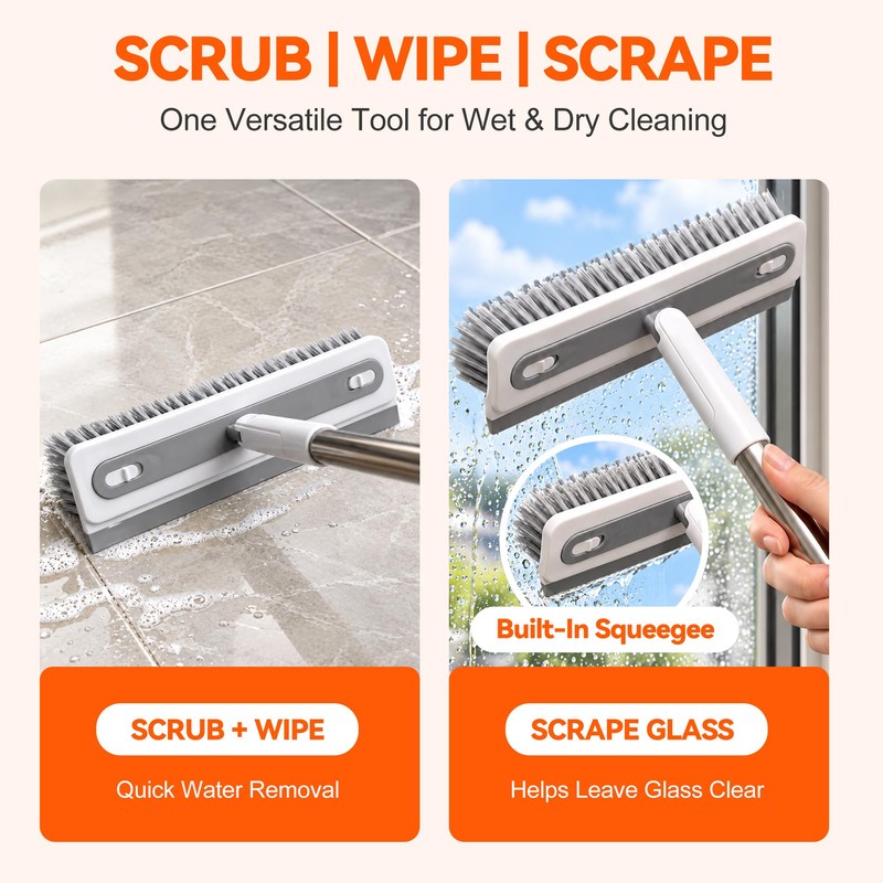 3-in-1 Floor Scrub Brush with 55” Long Handle, V-Shape &