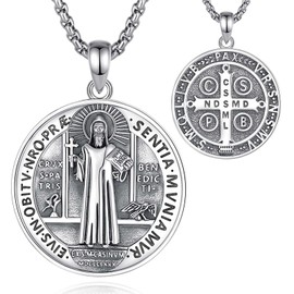 INFUSEU St Benedict Medals Sterling Silver Saint Benedict Necklace Women Men Medalla De San Benito De Plata 925 Original Catholic Pendant Christian Protection Jewelry Religious Gifts Spiritual