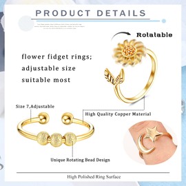 CASSIECA 9 Pieces Anxiety Spinning Ring with Beads for Women Men Fidget Rings for Anxiety Thin Stackable Rings Stress Relief Ring Anxiety Zirconia Flower Open Spinner Ring, Brass, Cubic Zirconia