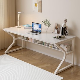 OSCHF Extra Long Desk with Bookshelf - 63" Double Long Writing Table for 2-Person Workstation, Modern Study Work Computer Desk for Home and Office, Warm White