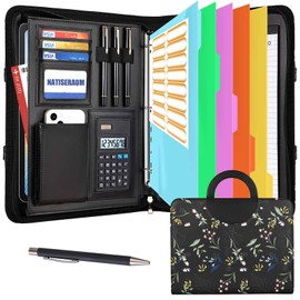 NATISERAUM Portfolio Organizer - 3 Ring Binder with Handle, Vegan Leather Business Padfolio Folder with Notepad, Includes 5 Dividers with 10 Pockets for Documents Files