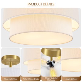 Semi Flush Mount Ceiling Light, 16.5'' Gold Light Fixture Ceiling Mount, Modern Anti-Glare Close to Ceiling Light with 2-Layer White Linen Shade for Bedroom Hallway Living Room (E26 Base,No Bulb)