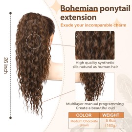 Flufymooz Ponytail Extension, 26 Inch Bohemian Style Drawstring Ponytail Hair Extensions for Women, Long Curly Wavy Pony Tail Natural Synthetic Hairpiece for Women (Medium Chocolate Brown)