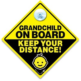 Grandchild on Board Sign Keep Your Distance, Baby On Board Sign, Grandchild On Board Car Sign, Suction Cup Baby Car Window Sign, 14cm x 14cm
