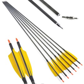 AMEYXGS 34 Inch Carbon Arrows 400 Spine Hunting Arrows with Removable Tips and 4” Turkey Feather Target Practice Arrow for Compound & Recurve & Long Bow 6/12 Pcs (Yellow, 12 pcs)