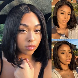 LESLY Straight Bob Wig Human Hair 13x4 HD Frontal Lace Wig 180% Density Short Bob Wigs for Women Glueless Bob Lace Front Wigs Human Hair Pre Plucked Natural Black Color