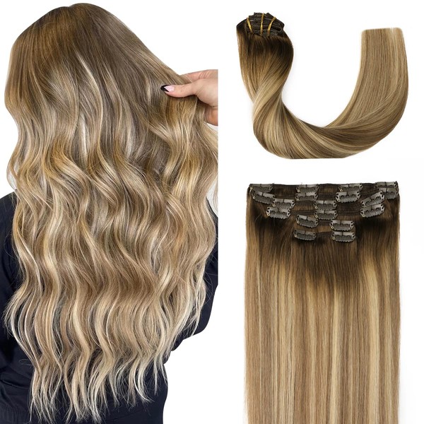Sindra Real Hair Extensions Clip-In Balayage 50 cm Clip-In Extensions Real Hair Ombre Walnut Brown to Ash Brown and Golden Blonde Hair Extensions Real Hair Clip in Straight 120 g 6 Pieces #3/8/22 20
