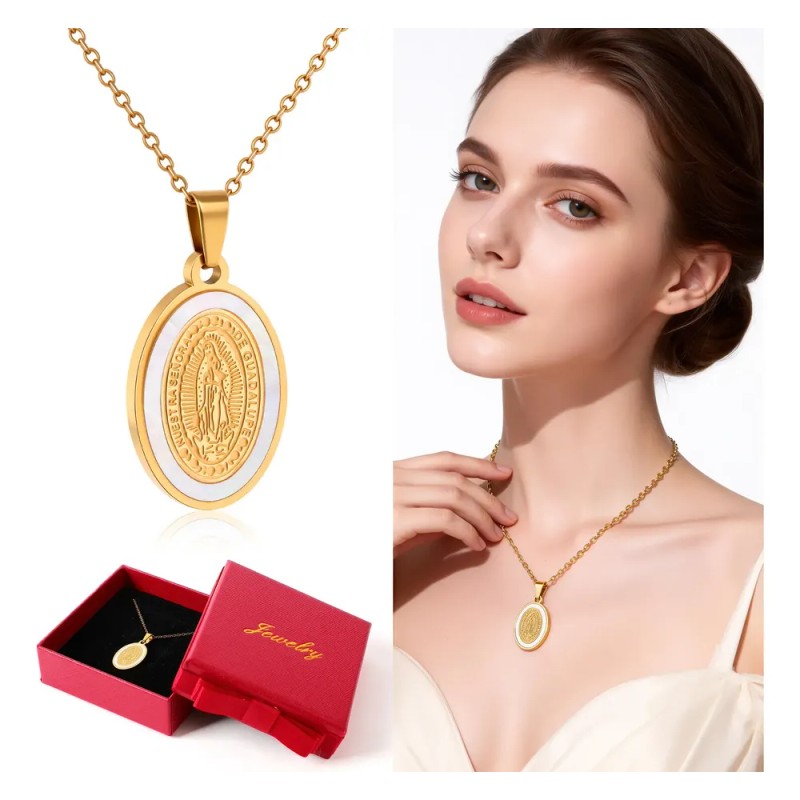 Collar Virgen Perla Real Regalo Mama Esposa Acero Chapa 18k
