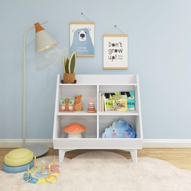 Max & Lily Modern Angled Frankie Bookcase with 3 Shelves and 2 Storage Bins - Stylish Kids' Bookshelf and Toy Organizer, White