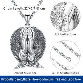 Eusense Praying Hand Necklace angel wing for Men Women religious jewelry Sterling Silver 925 serenity prayer necklace praying hands pendant