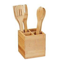 Relaxdays 10032107 Cutlery Stand 4 Compartments Bamboo Kitchen Utensil Holder for Cutlery Pens H x W x D 14.5 x 13.5 cm Natural